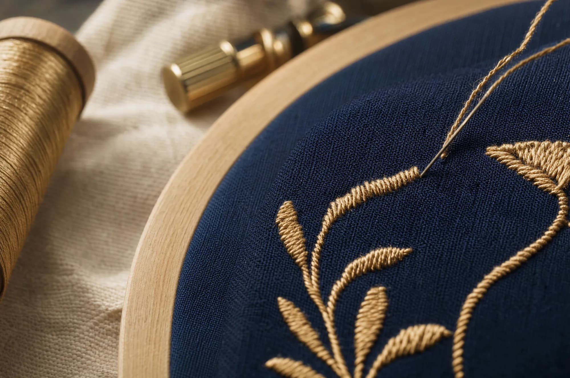 Bordado em linha dourada sendo costurado em tecido azul-marinho